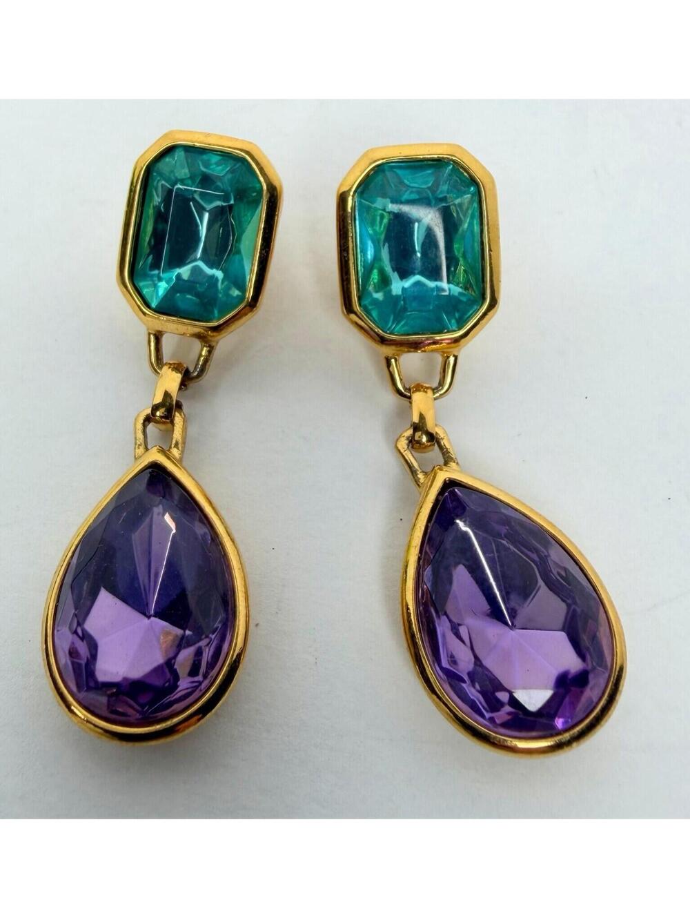 Trifari TM Purple Aqua Blue Dangle Pierced Earring Set